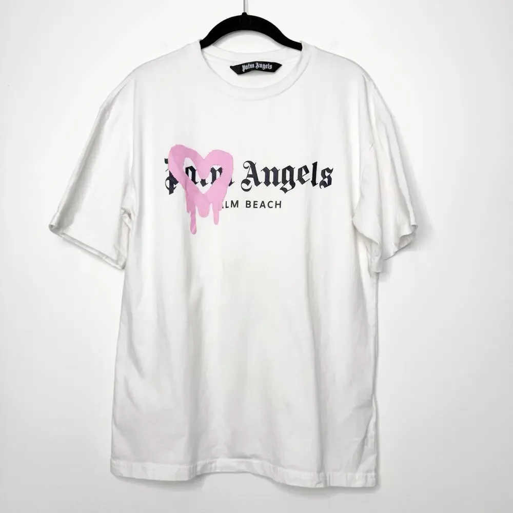 Palm Angels Pink Heart Palm Beach Logo Sprayed Tee White Graphic T Shirt Small